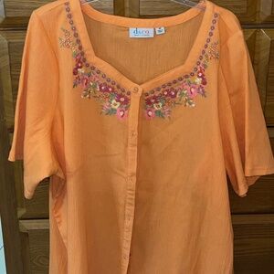 Bright Orange Button Down Blouse W/ Floral Embroidery Neckline